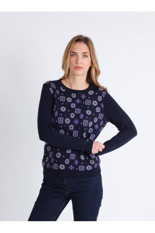 Pull jacquard en laine col rond 1 B Solfin Fabriqué en France