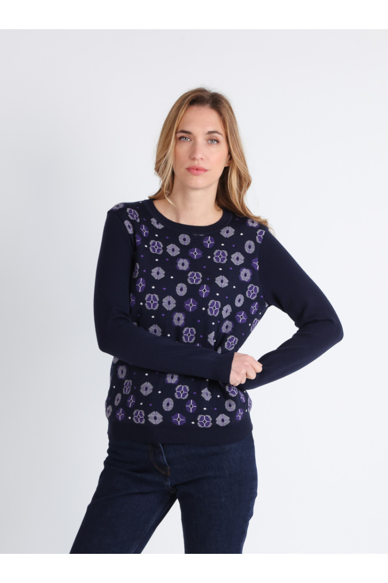Pull jacquard en laine col rond 1 B Solfin Fabriqué en France
