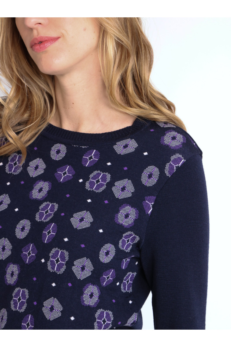 Pull jacquard en laine col rond 3 B Solfin Fabriqué en France
